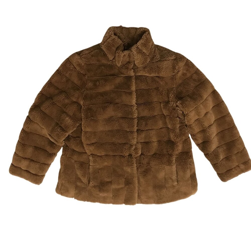 Dennis Basso Womens L Brown Faux Fur Winter Coat